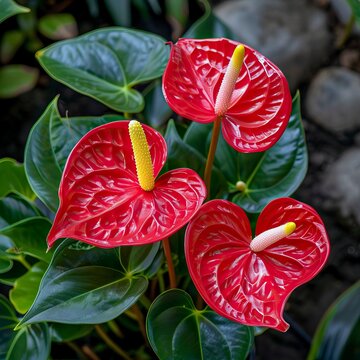 Red anthurium flowers with yellow pistil and several green leaves. Views from above
