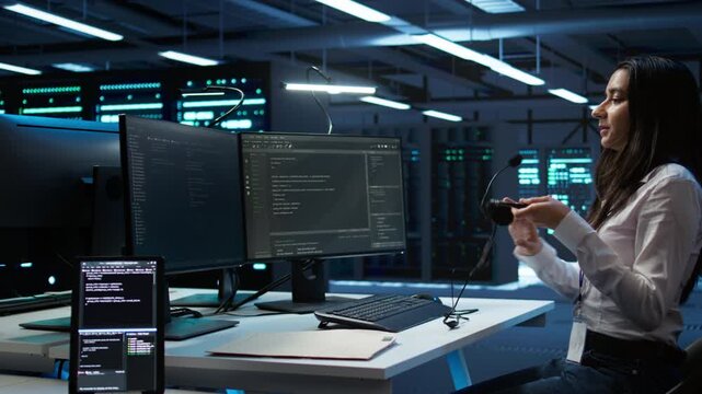 Technician in data center provides technical support to users, troubleshooting issues, close up. Server hub workers carrying out operational technical interventions requested by clients, camera B