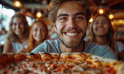 Fototapeta premium A group of cheerful, multiracial young friends is enjoying a weekend home party, watching TV, eating pizza, and having fun in university rooms as part of a vibrant youth lifestyle and food concept.