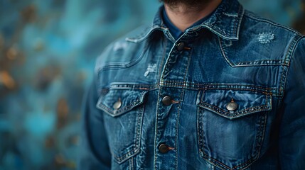 A man is wearing a blue denim jacket with a ripped pocket
