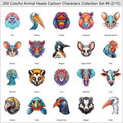 Obraz premium Colorful Cartoon Characters Animal Faces Bundle Collection Set of 200 Animals Part 2