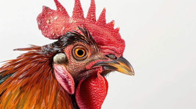 Close up image of a rooster on a white background