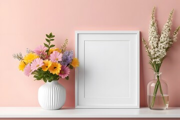 A blank frame mockup with colorful flowers in trendy vase. Template for artwork, painting, photo or poster