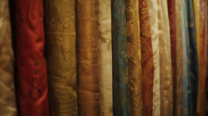 Colorful fabrics for sale in a textile store. Selective focus.
