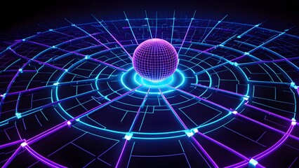 A glowing sphere is the center of a colorful, futuristic cityscape