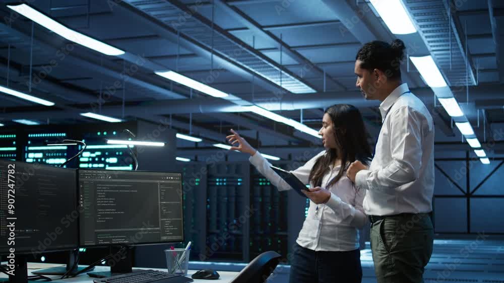 Poster team of technicians working on tablets in data center used for managing gear energy consumption. tea