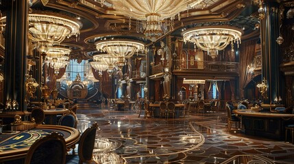 Obraz premium Luxurious Casino Interior with Elaborate Chandeliers and Gaming Tables