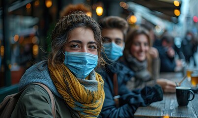 Friends, all wearing face masks, are drinking espresso at a coffee house, having fun together and adapting to the new normal lifestyle, with a focus on a man in the middle.