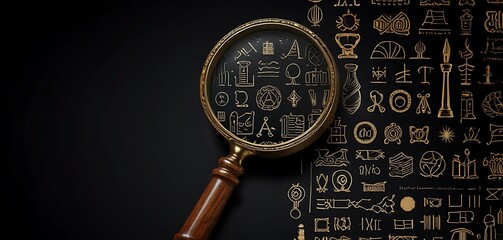 A vintage magnifying glass with floating clues and symbols against a black background. Investigation and detective concept banner