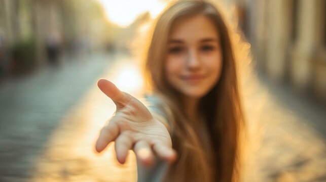 Girl reaching out hand, inviting the viewer into a sunset scene