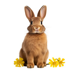 Fototapeta premium Brown Rabbit Sitting With Yellow Flowers On Transparent Background