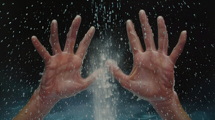 Hands Reaching Out Under a Dramatic Waterfall at Night in a Captivating Display of Nature's Power