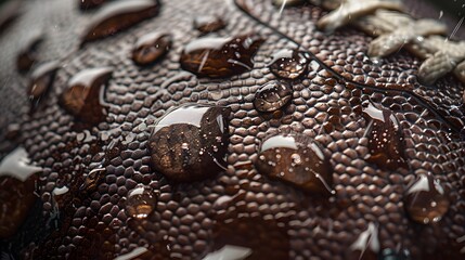 Close-up of water droplets on a football surface.