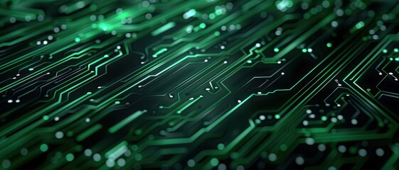 Abstract Close-Up of Green Circuit Board with Glowing Lines and Digital Patterns