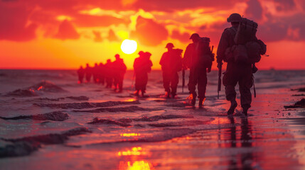 A group of soldiers march along a beach at sunset, highlighting themes of duty and perseverance.
