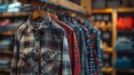 Fototapeta premium A rack of clothes with a plaid shirt hanging from it