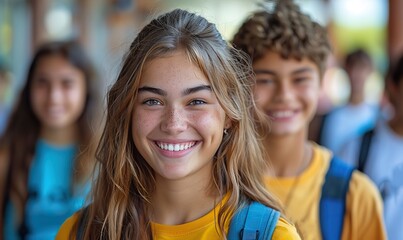Fototapeta premium Multicultural students enjoying themselves on a high school campus, laughing and chatting on the city street, representing youthful educational and lifestyle moments.