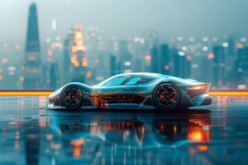 Futuristic car with transparent body parts with city background