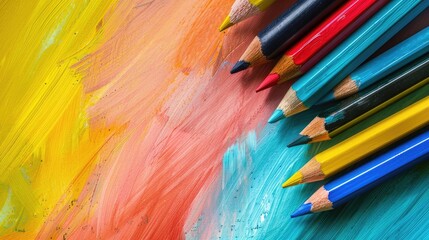 Colored pencils and pastels isolated on colorful background