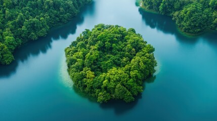 Naklejka premium Aerial View of a Lush Green Island in a Calm Blue Lake