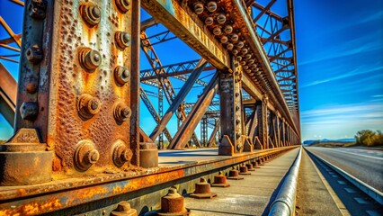 Rusty metal surface of a bridge's foundation, with intricate bolt patterns and weathered rust hues, supporting a busy road above, under a clear blue sky.