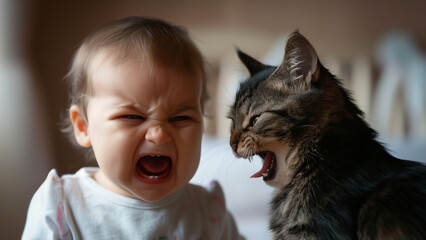 Cute Baby and Mischievous Cat Moment