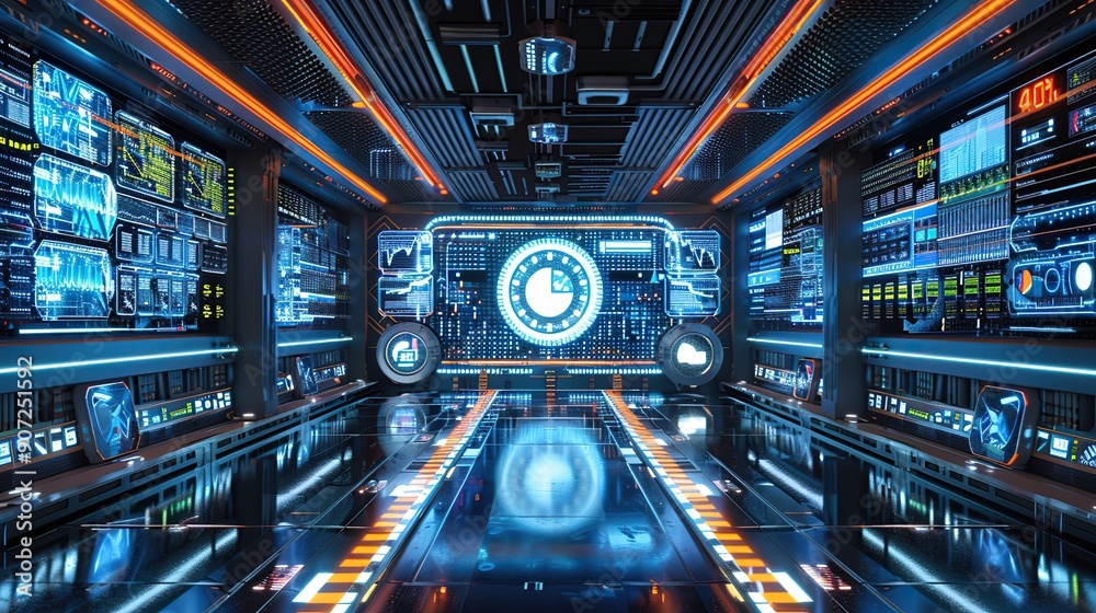 Poster an ai-driven robotics facility monitoring real-time data on manufacturing efficiency, vibrant screen