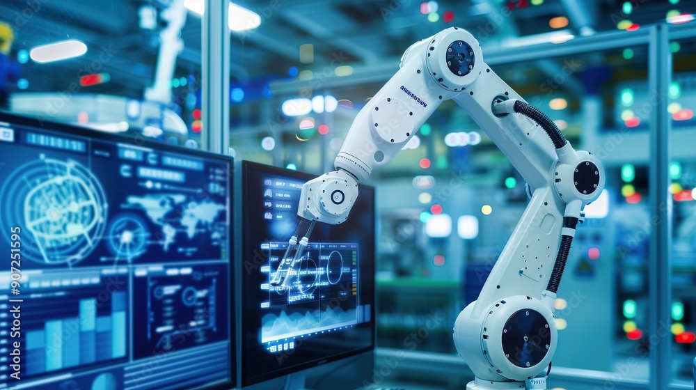 Poster an ai-driven robotics facility monitoring real-time data on manufacturing efficiency, vibrant screen