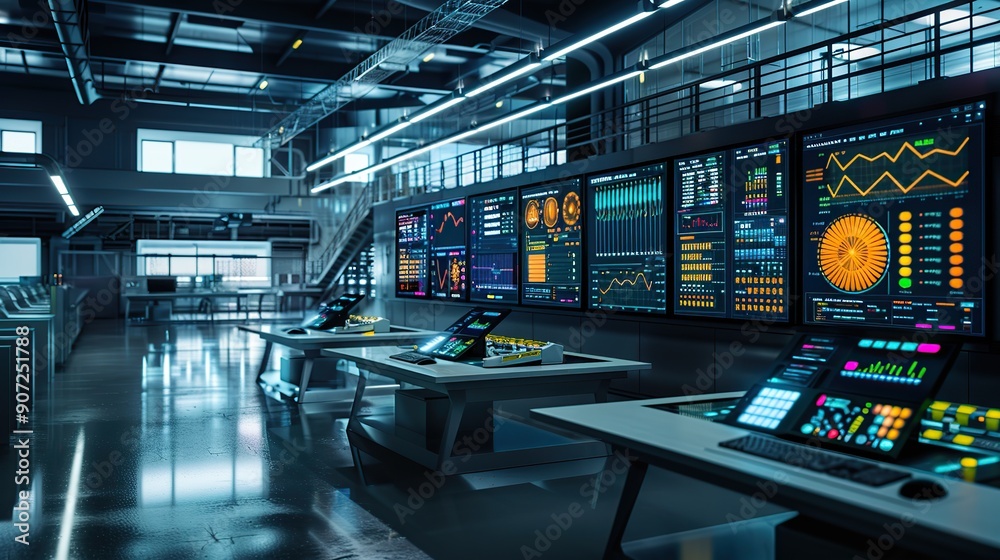 Poster an ai-driven robotics facility monitoring real-time data on manufacturing efficiency, vibrant screen