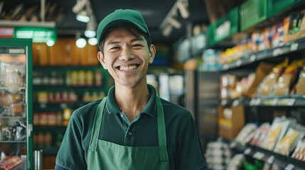 Asian seller wear green apron and green cap smiling in retail store. copy space for text.
