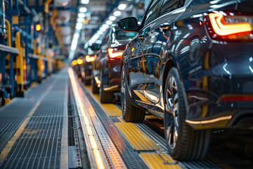 Car assembly line in modern factory, vehicle manufacturing industrial production