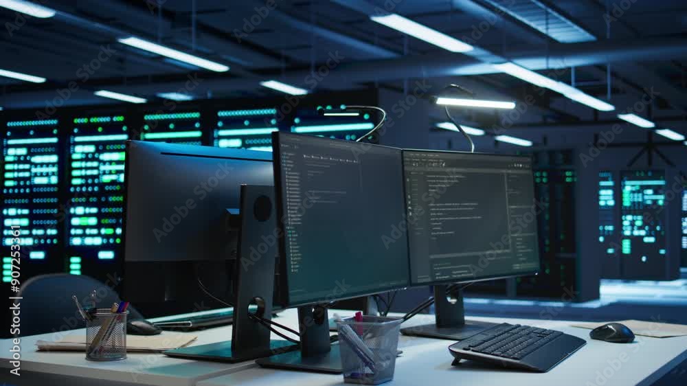 Poster multi monitor computer setup in data center used for monitoring security threats threatening rigs. t