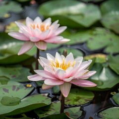 Waterlily flowers among green leaves