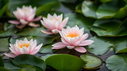 Waterlily flowers among green leaves