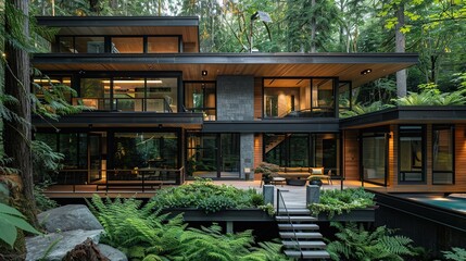 Modern eco-friendly multi-level house with lush greenery and large windows, blending architecture with nature in a serene forest setting. copy space for text.