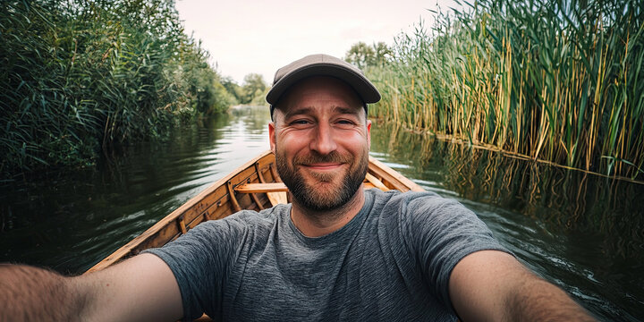 A handsome man with a short beard and cap, smiling while taking a selfie in a wooden boat on a river, generative AI