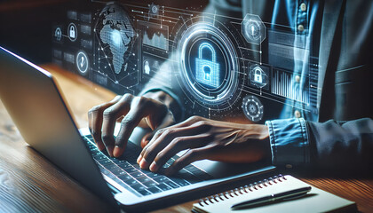 Person typing on laptop keyboard with holographic keys, graphs and digital icons floating.