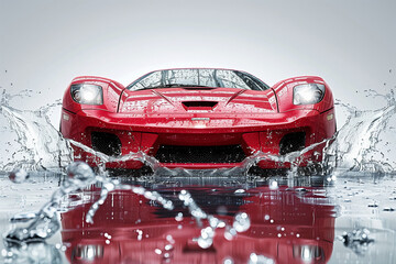 Sports car with water splash isolated on white background