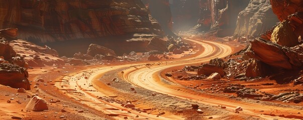 Winding Desert Road Through Canyon Walls Untamed Adventure in the Wild West An off-road route through red rock canyons, sandy trails, and rugged terrain Explore the untamed beauty of the desert with