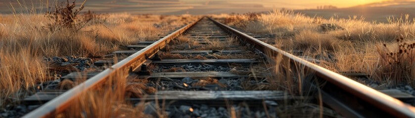 Obraz premium Remote Train Tracks in a Dry and Isolated Landscape, A Serene and Solitary View of Abandoned Railroad, Golden Hour Light on Rails and Grasses, Countryside Scenery, Empty Track, Remote Location, Dry