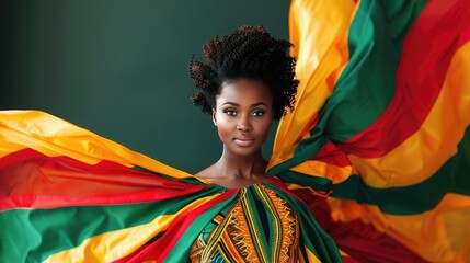 Woman wearing vibrant African traditional attire with colorful fabric spread out, posing confidently against a green background.