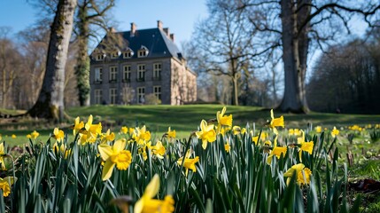 Obraz premium Yellow daffodils in front of Castle