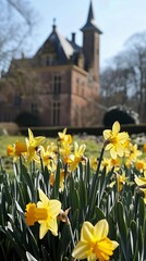 Obraz premium Yellow daffodils in front of Castle