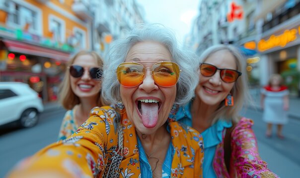 Three senior women take a playful selfie on the city street, sticking out their tongues and showing rock 'n' roll hand gestures, capturing their fun-loving friendship.