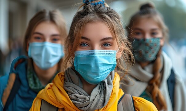 Students in face masks smile at the camera, capturing a cheerful moment that reflects their adaptation to the new normal of returning to school.