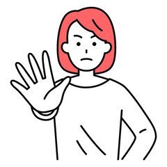 右手を前に出して拒否するカジュアルな女性