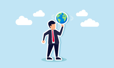 Global business leadership in world economy, power to control and succeed in the global network, concept of A smart businessman manager spins the globe on his strong finger
