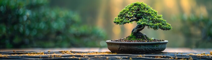 Bonsai tree on wooden table, green gradient background, serene lighting