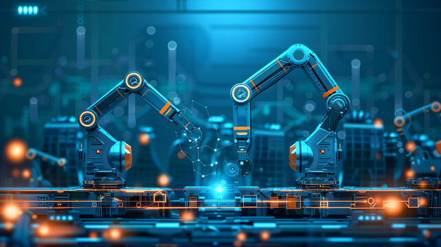 Automotive car industry factory with IoT automated autonomous robot arm on 5G system. Industrial revolution background