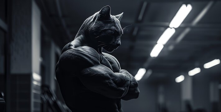 Buff catman in a gym, intense stare, bright overhead lights, arms crossed